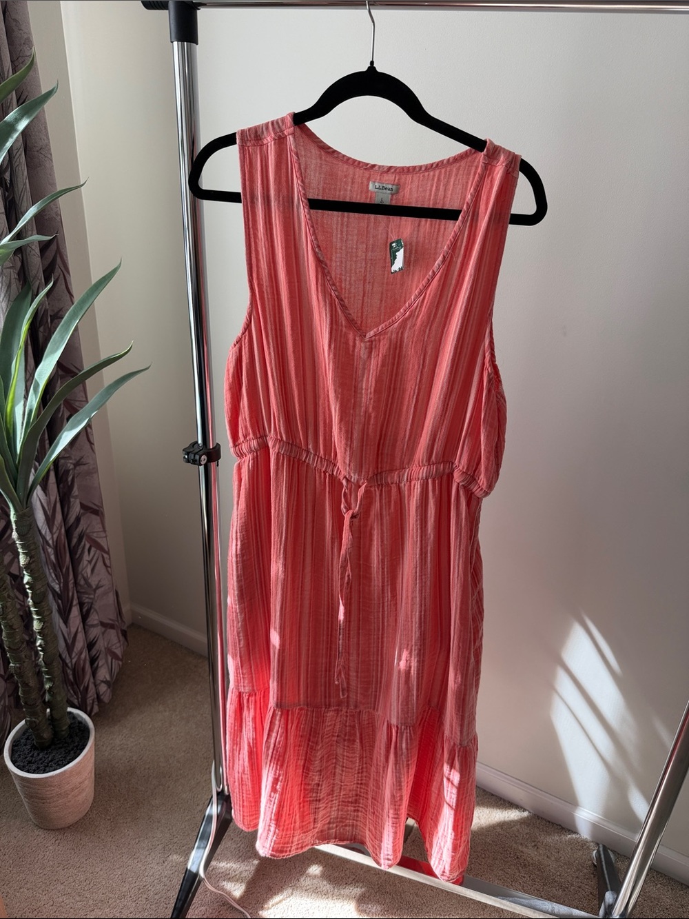L.L. Bean Coral-Red Striped Sleeveless V-Neck Maxi Dress
